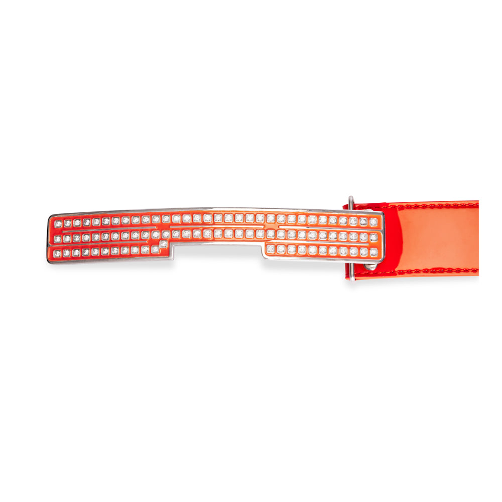 Red leather SP5 LOGO BELT with a silver buckle featuring rhinestone detail.