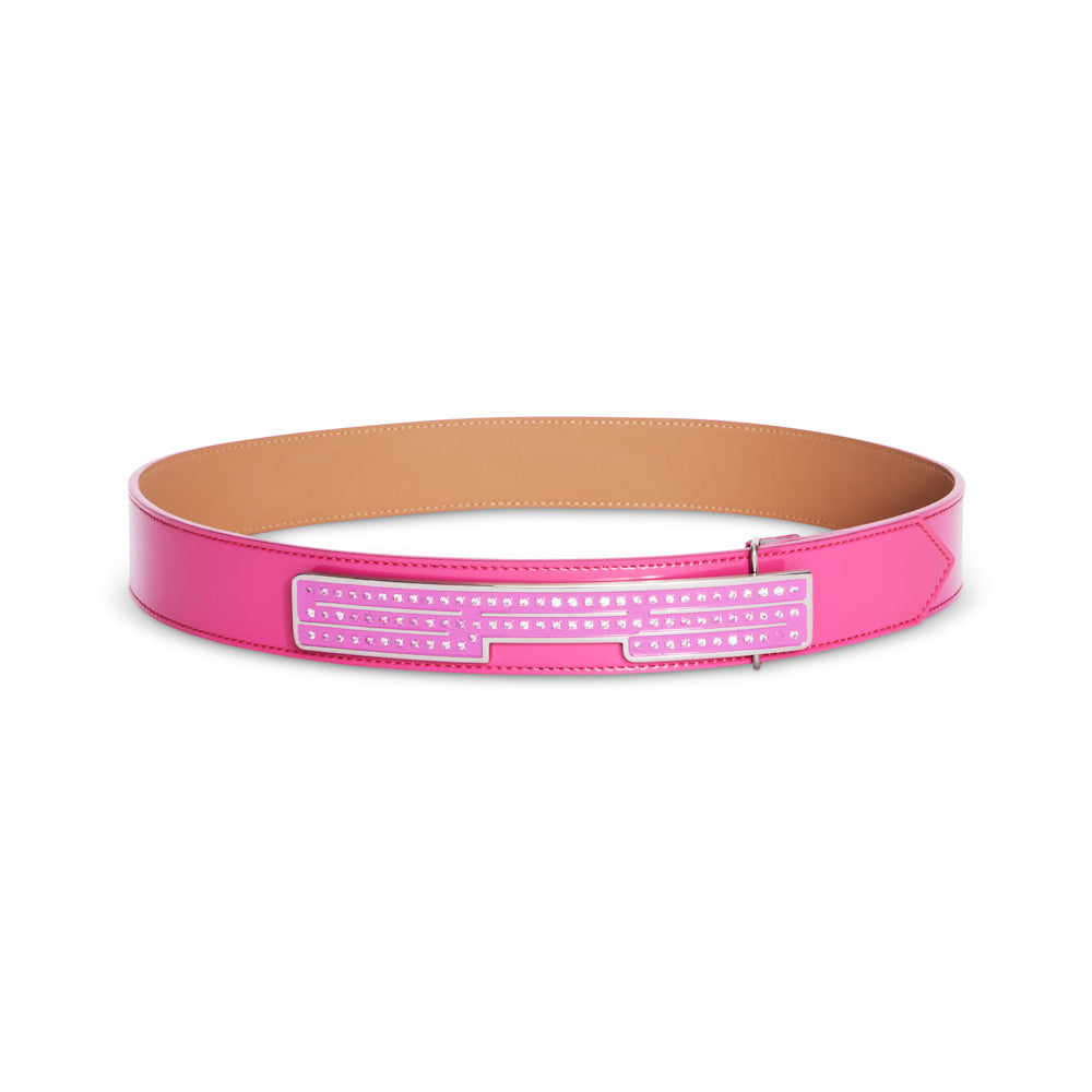 Pink leather SP5 LOGO BELT with rhinestone detail on the buckle.