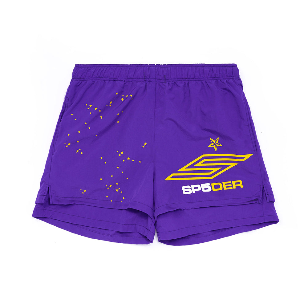 Grape SP5 PRO SHORT: purple water-repellent nylon shorts with yellow logo, star print, and high-low double layer.