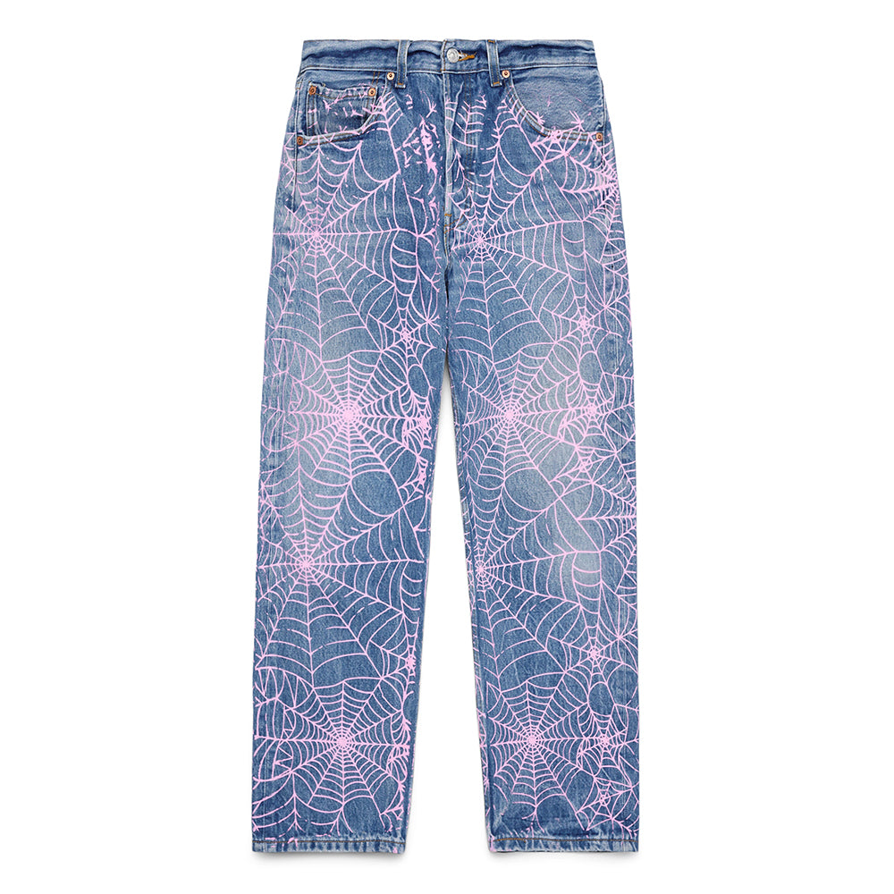 Vintage Levi's 501 denim jeans with all-over pink web print and leather SP5DER back tab.