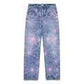 Vintage Levi's 501 denim jeans with all-over pink web print and leather SP5DER back tab.