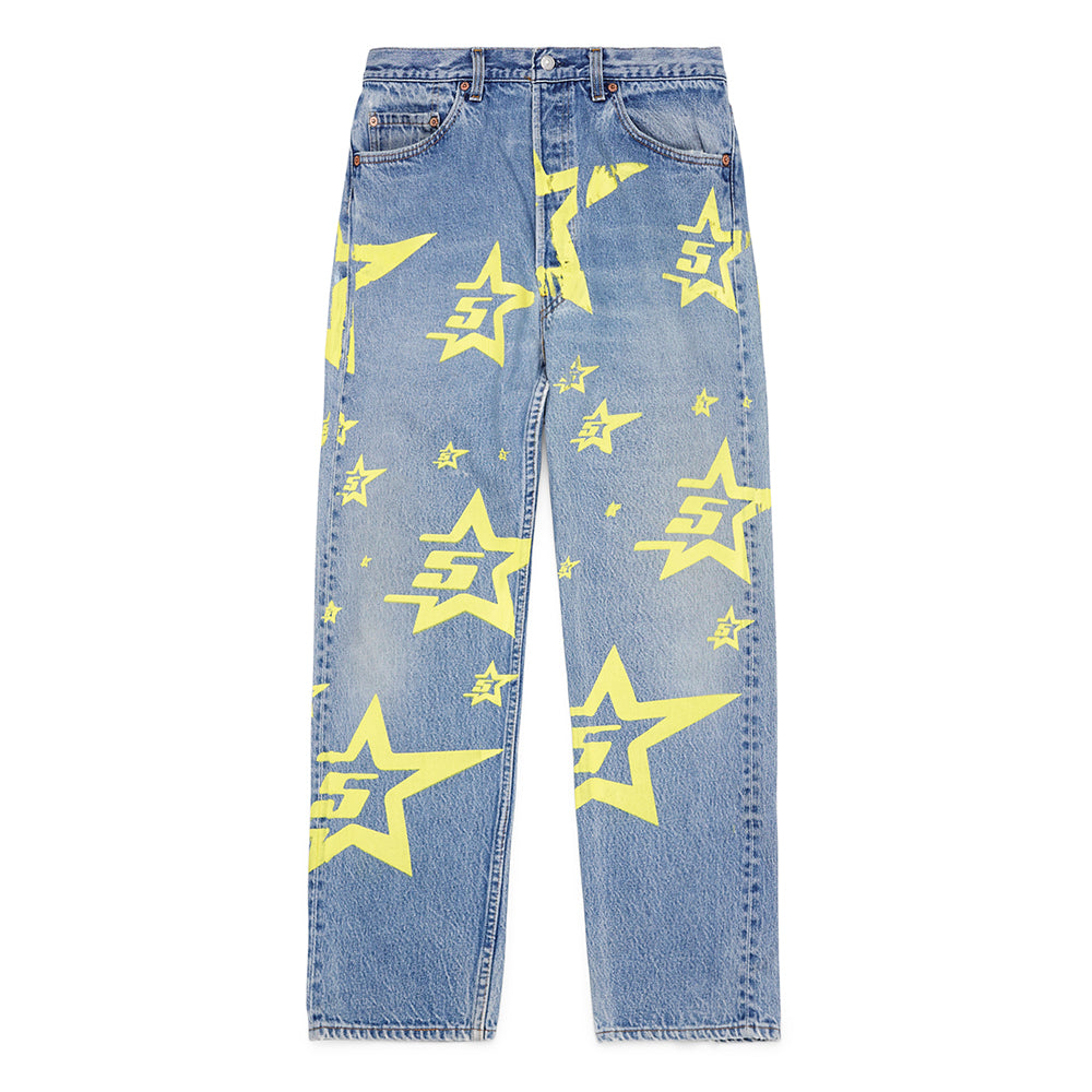 Vintage Levi's 501 denim jeans with yellow 5STAR print and star patterns.