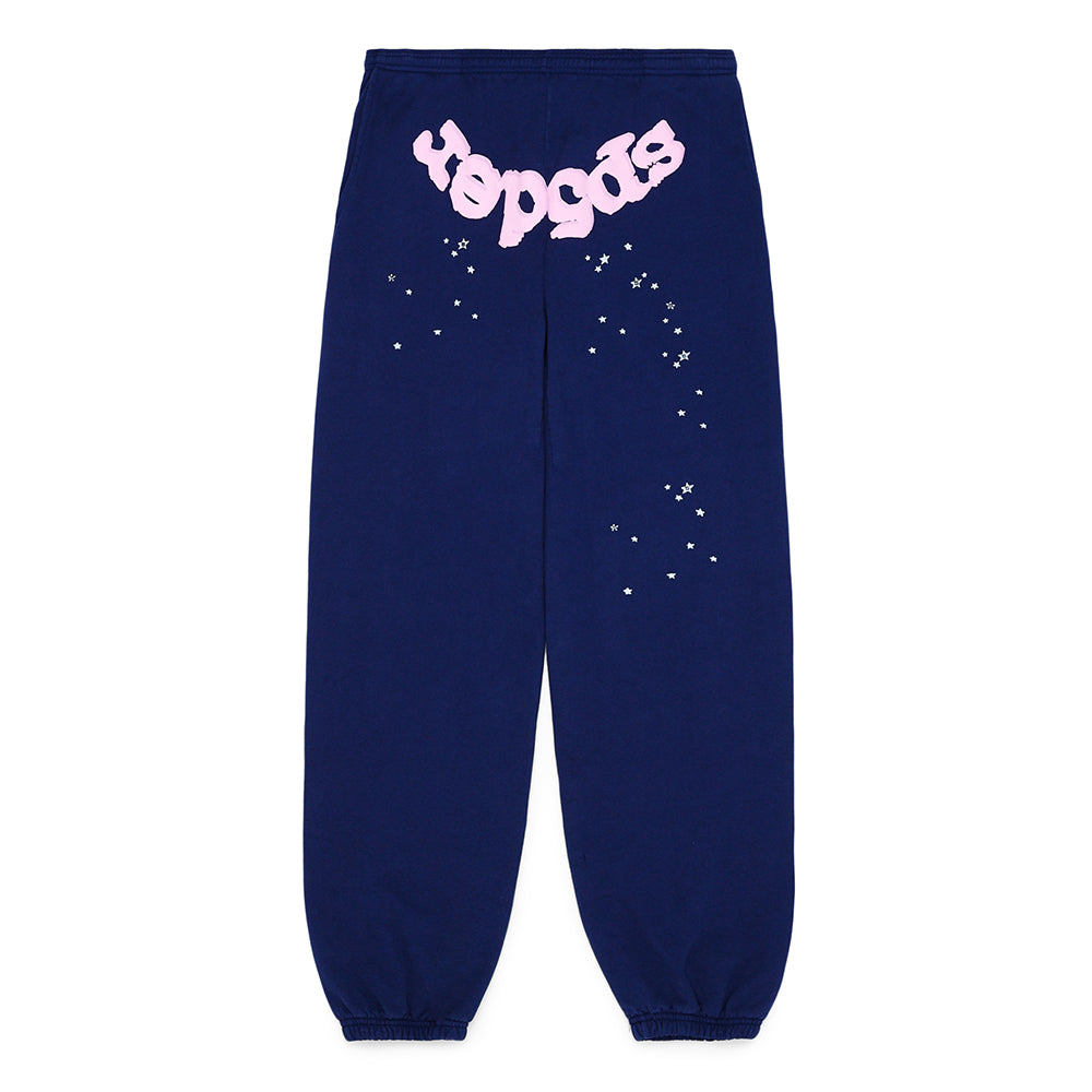 OG WEB SWEATPANT, navy 23oz fleece with pink puff print "sp5der" text and scattered star design.