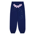 OG WEB SWEATPANT, navy 23oz fleece with pink puff print "sp5der" text and scattered star design.