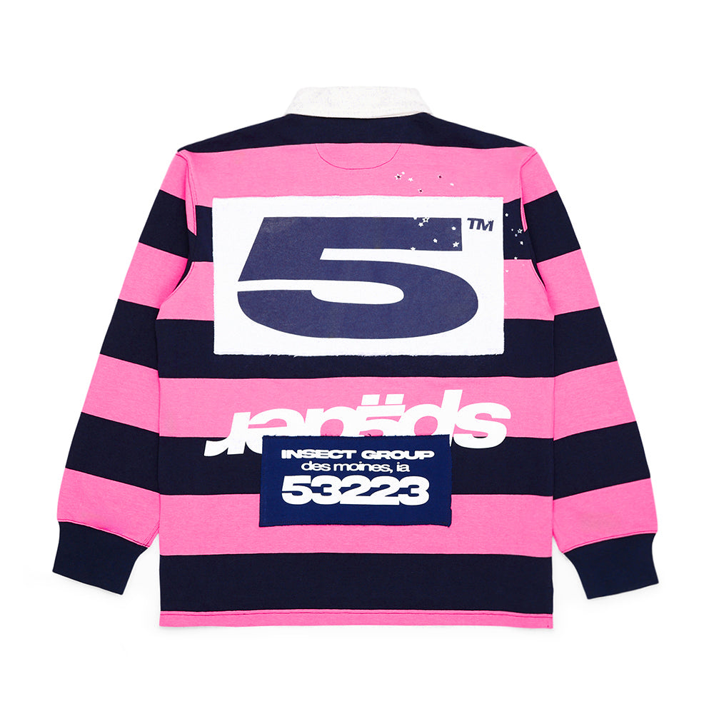 Pink and navy striped rugby shirt with large white '5' print and custom racing patch on back.