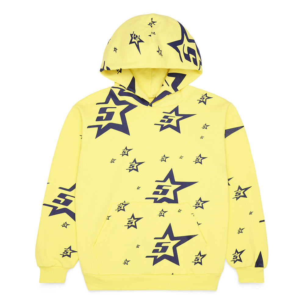 Yellow 5STAR HOODIE with all-over navy screen-printed star and "5" logo pattern, front pouch pocket.