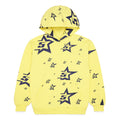 Yellow 5STAR HOODIE with all-over navy screen-printed star and "5" logo pattern, front pouch pocket.
