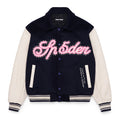 Navy wool varsity jacket with cream cowhide sleeves, pink chenille "Sp5der" patch, and striped cuffs.