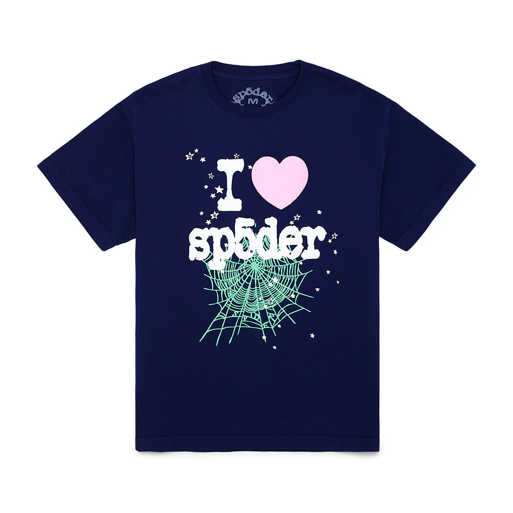 Navy 14oz cotton Souvenir Tee with "I ❤️ sp5der" graphic, pink heart, and green spiderweb.