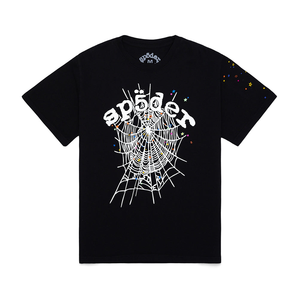 Black cotton MEN'S OG WEB V2 TEE with white spider web graphic, colorful stars, and "sp5der" text.