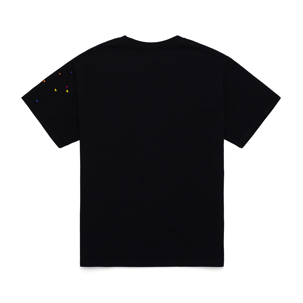 Black 14oz cotton Men's OG WEB V2 TEE, back view, with colorful stars on the left sleeve.