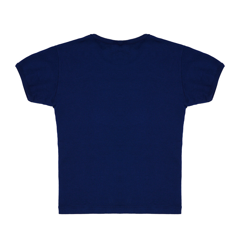 Back view of a plain navy blue 100% cotton cropped fitted souvenir baby tee.