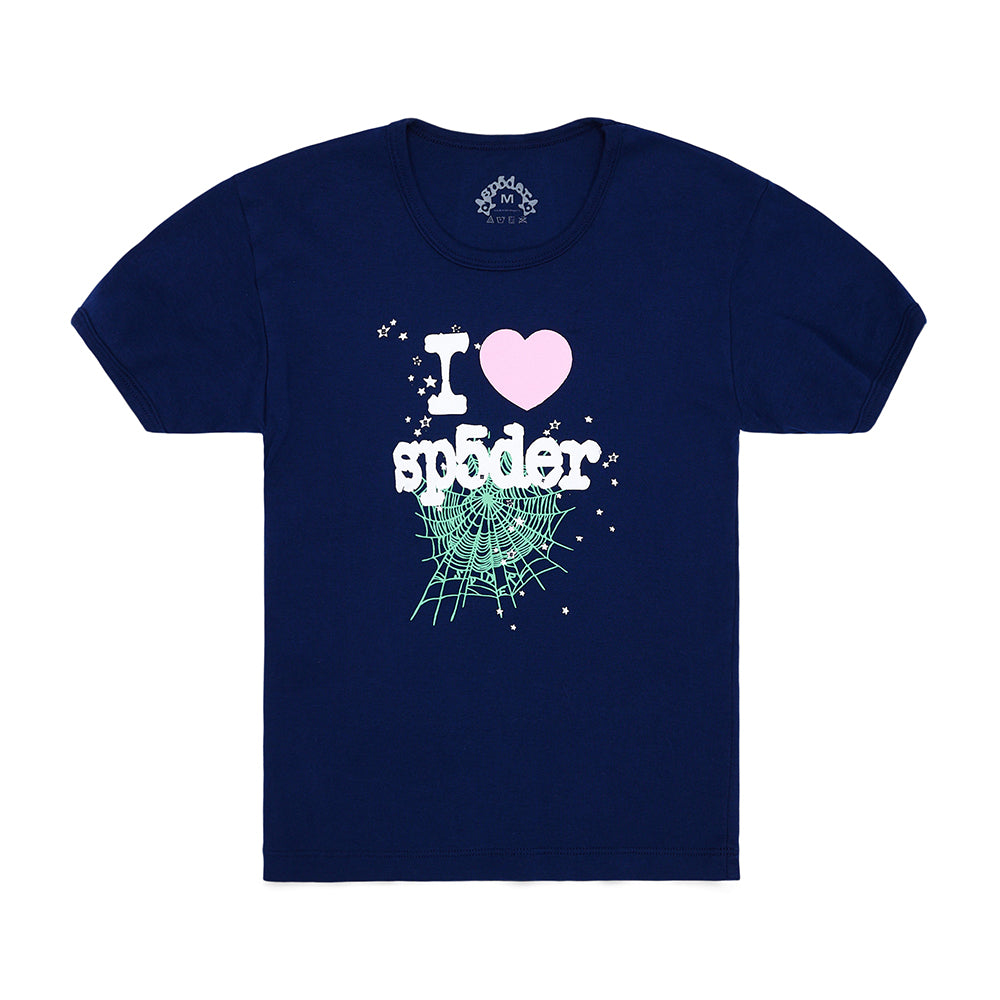 Navy 100% cotton cropped baby tee with "I love spider" graphic, pink heart, and green spiderweb.