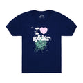 Navy 100% cotton cropped baby tee with "I love spider" graphic, pink heart, and green spiderweb.