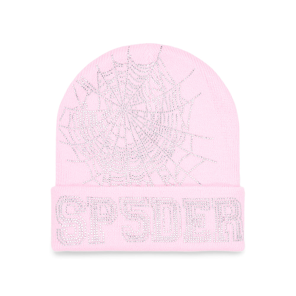 Pink acrylic beanie with a silver rhinestone spiderweb and "SP5DER" design on the cuff.