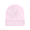 Pink acrylic beanie with a silver rhinestone spiderweb and "SP5DER" design on the cuff.