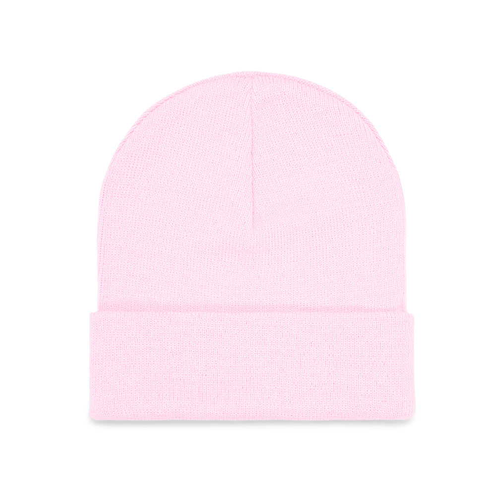 Light pink acrylic WEB BEANIE with a folded cuff, no visible design.