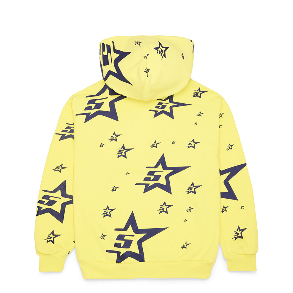 Yellow 5STAR HOODIE with all-over navy screen-printed star graphics.