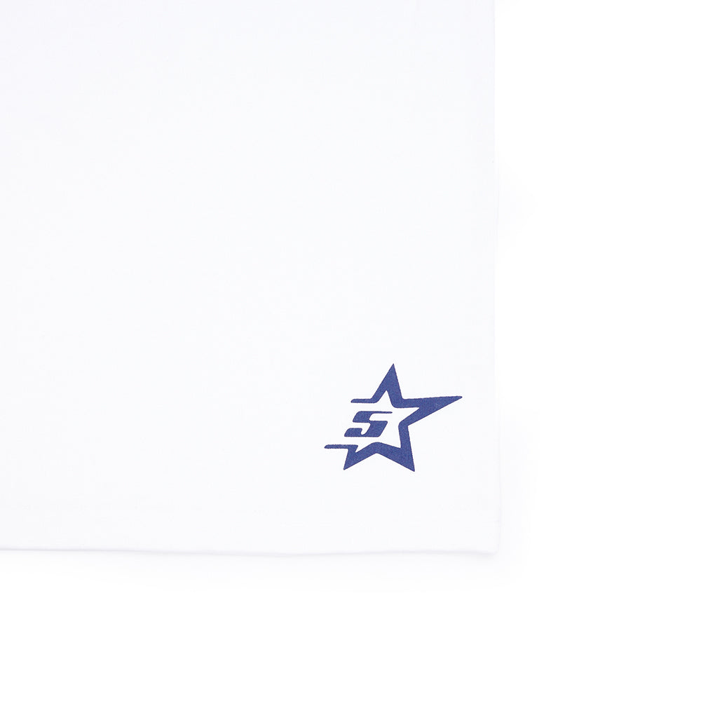 White 100% cotton 5STAR UTILITY TEE with a blue 5STAR graphic print on the corner hem.