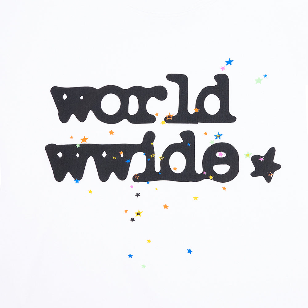 White 14oz cotton tee with "worldwide" in black print and scattered colorful stars.