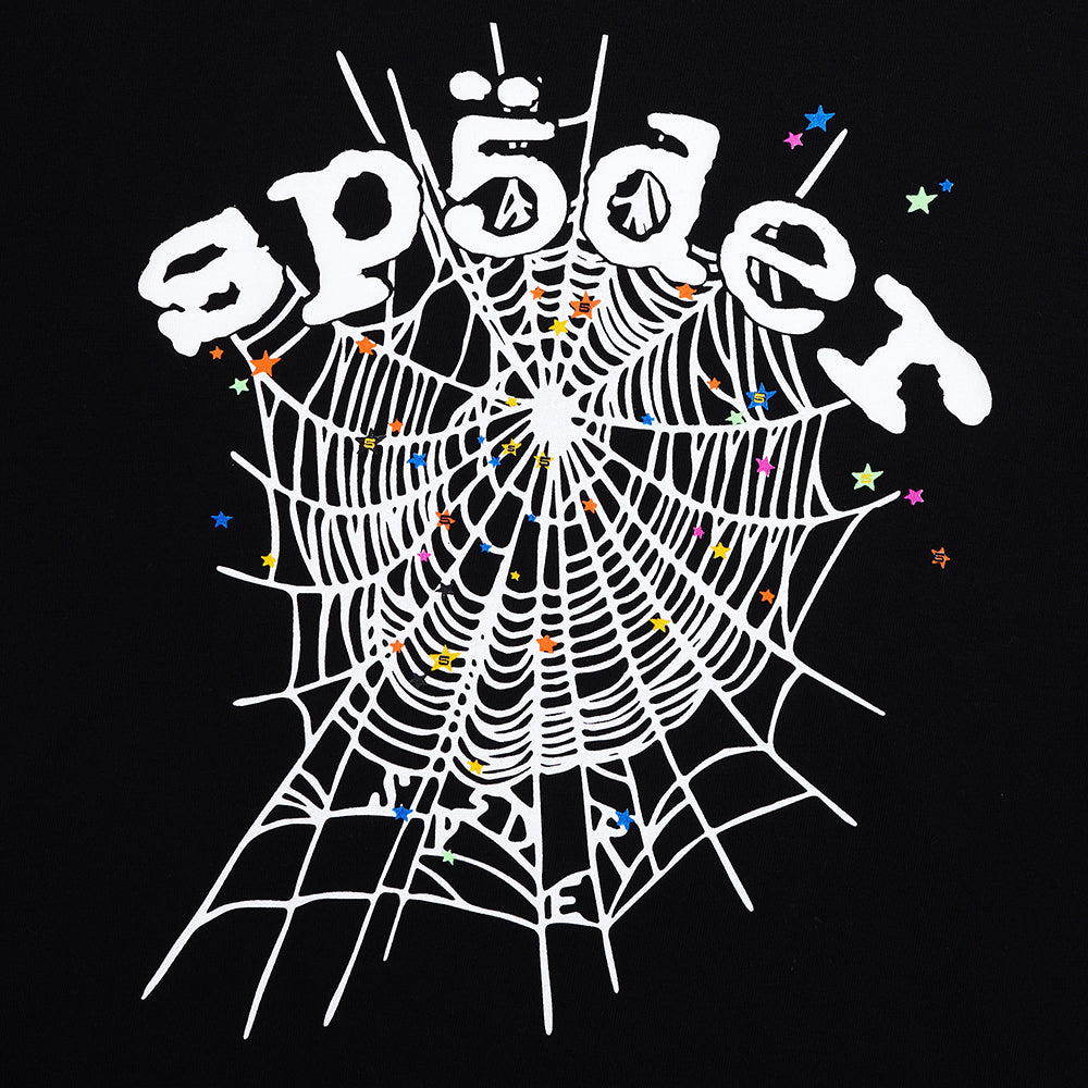 Black 14oz cotton tee with white "sp5der" text and a spider web design featuring colorful stars.