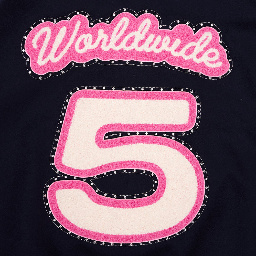 Black wool varsity jacket with "Worldwide 5" chenille patches, pink embroidery, and jeweled stud outline.