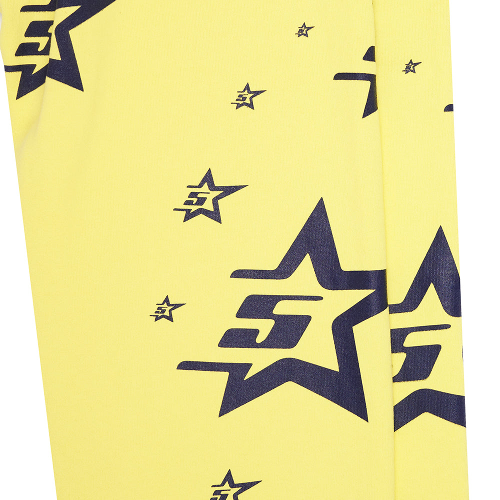 Bright yellow 5STAR SWEATPANT with all-over dark blue screen-printed 5star logo and star designs.