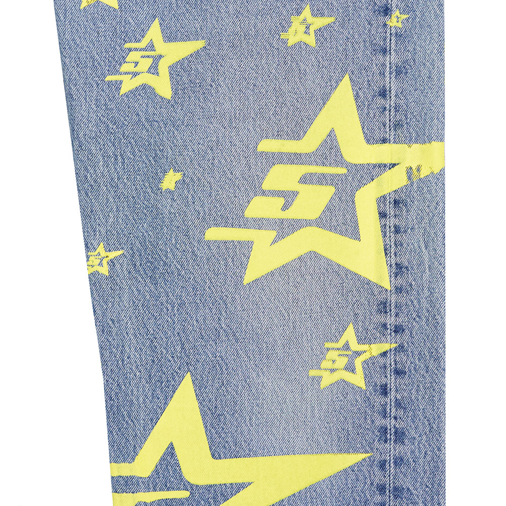 Vintage Levi's 501 denim jeans with all-over yellow 5STAR print and visible stitching.