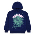 Navy 23oz fleece OG WEB HOODIE with pink "spider" text and green web puff print.