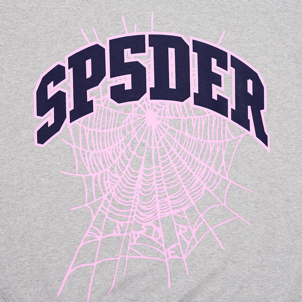 Gray VARSITY WEB CREWNECK with arched navy "SP5DER" text and pink spider web graphic.
