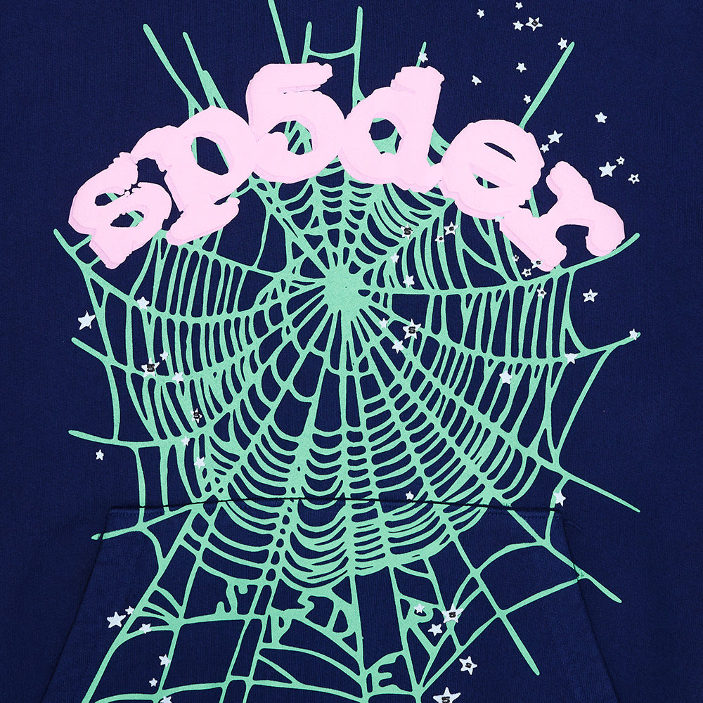 Navy 23oz fleece hoodie with pink puff print "sp5der" text and mint green web design.