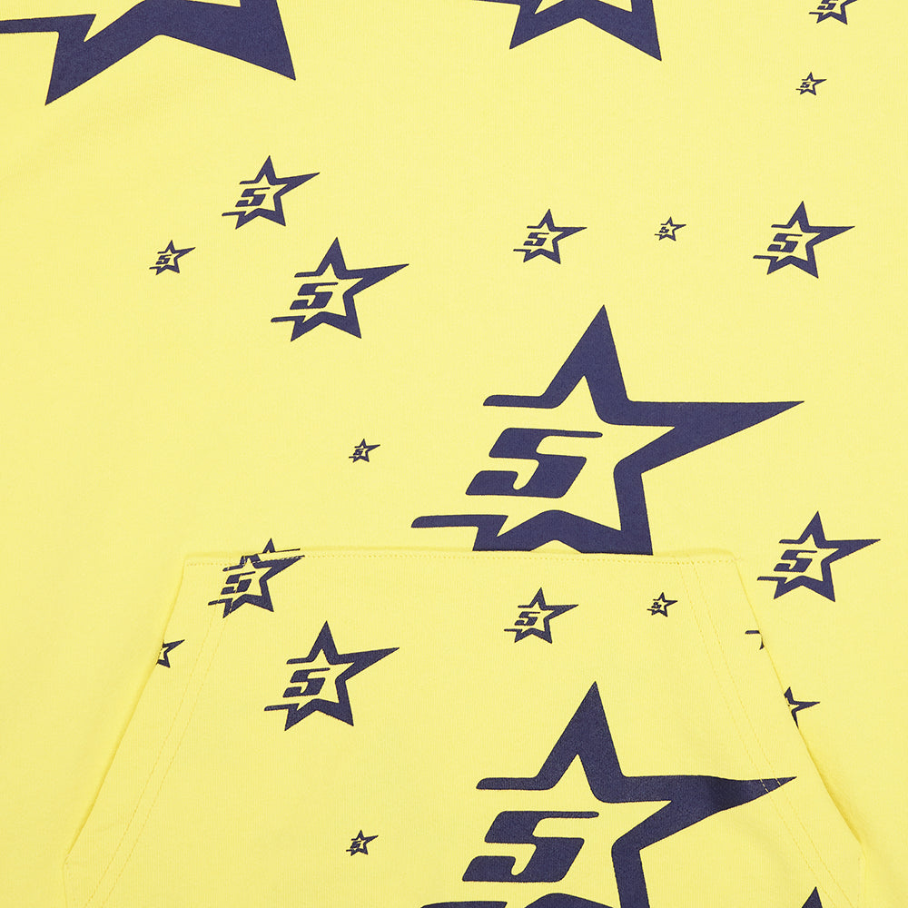 Yellow 5STAR HOODIE with all-over navy screen-printed star pattern and front pouch pocket.