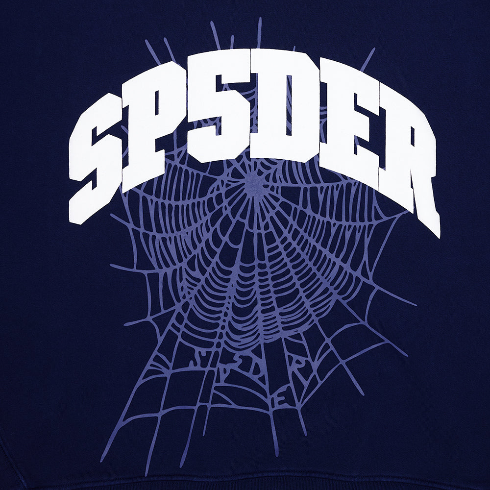 Navy VARSITY WEB CREWNECK with white "SP5DER" text and an OG web print.