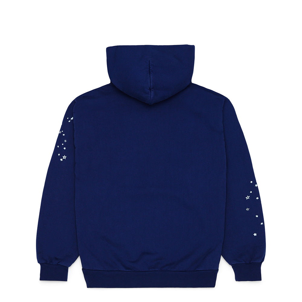 Back of a navy blue OG WEB HOODIE with white star prints on both sleeves.