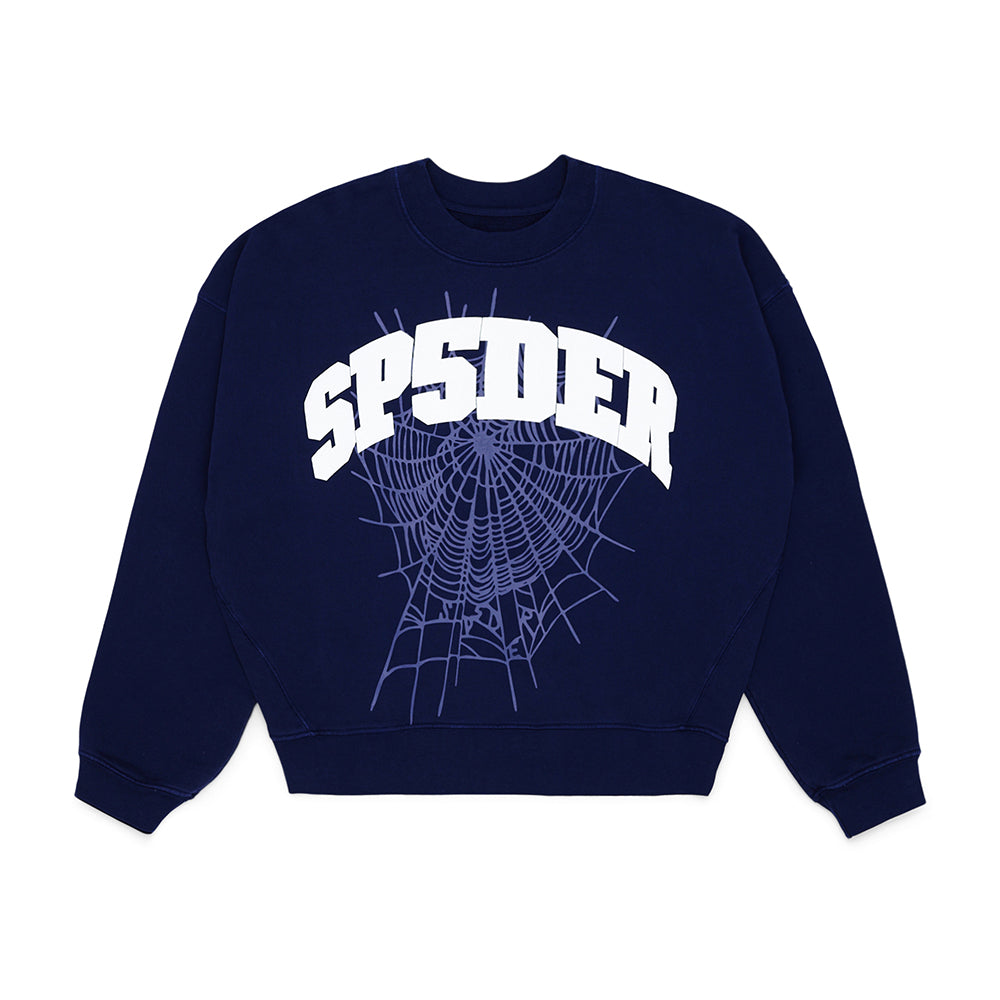 Navy SP5DER Varsity Web Crewneck with white arched text and a large purple spiderweb graphic.