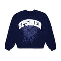Navy SP5DER Varsity Web Crewneck with white arched text and a large purple spiderweb graphic.