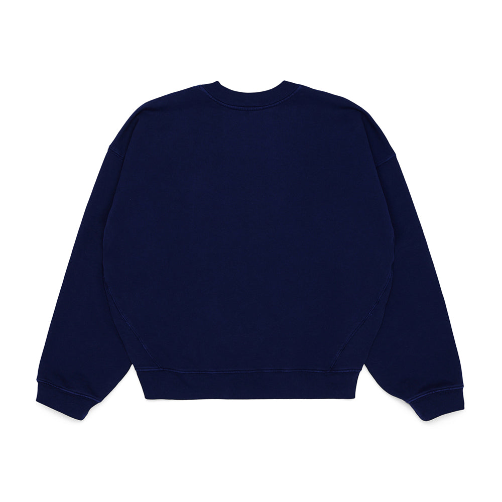 Back view of a navy blue VARSITY WEB CREWNECK with rib knit cuffs and hem.