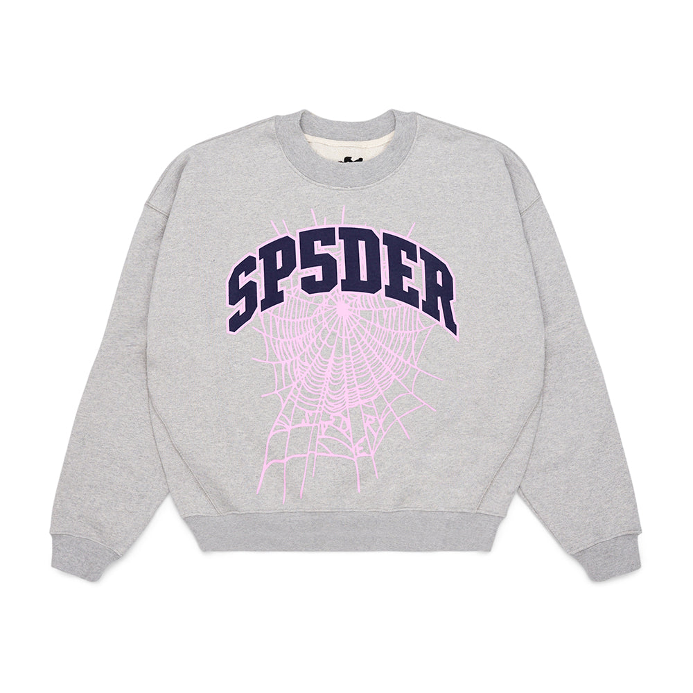 Grey VARSITY WEB CREWNECK with "SP5DER" text and pink spider web graphic.