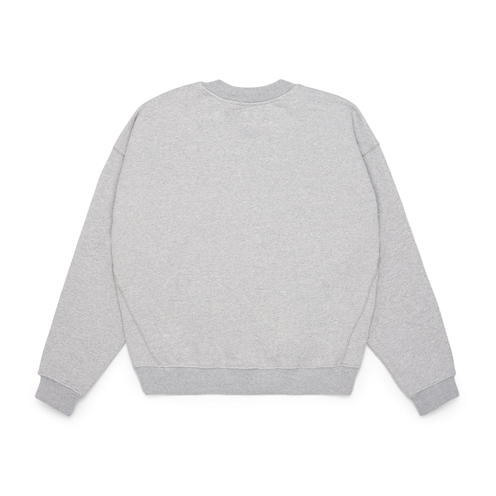 Light grey VARSITY WEB CREWNECK, back view, with ribbed knit crewneck, hem, and cuffs.