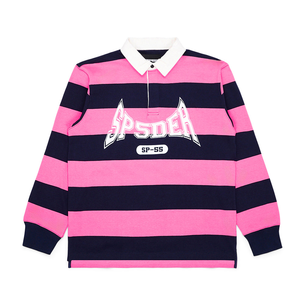 Pink and navy striped rugby shirt with white collar, 'SP5DER' text, and 'SP-55' print on chest.