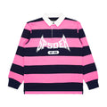 Pink and navy striped rugby shirt with white collar, 'SP5DER' text, and 'SP-55' print on chest.