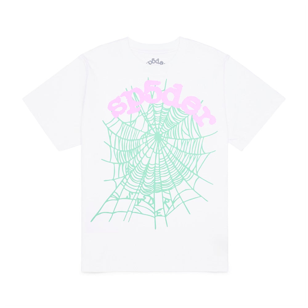 White 100% cotton OG WEB CANDY TEE with a green spiderweb and pink "sp5der" graphic.