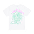 White 100% cotton OG WEB CANDY TEE with a green spiderweb and pink "sp5der" graphic.