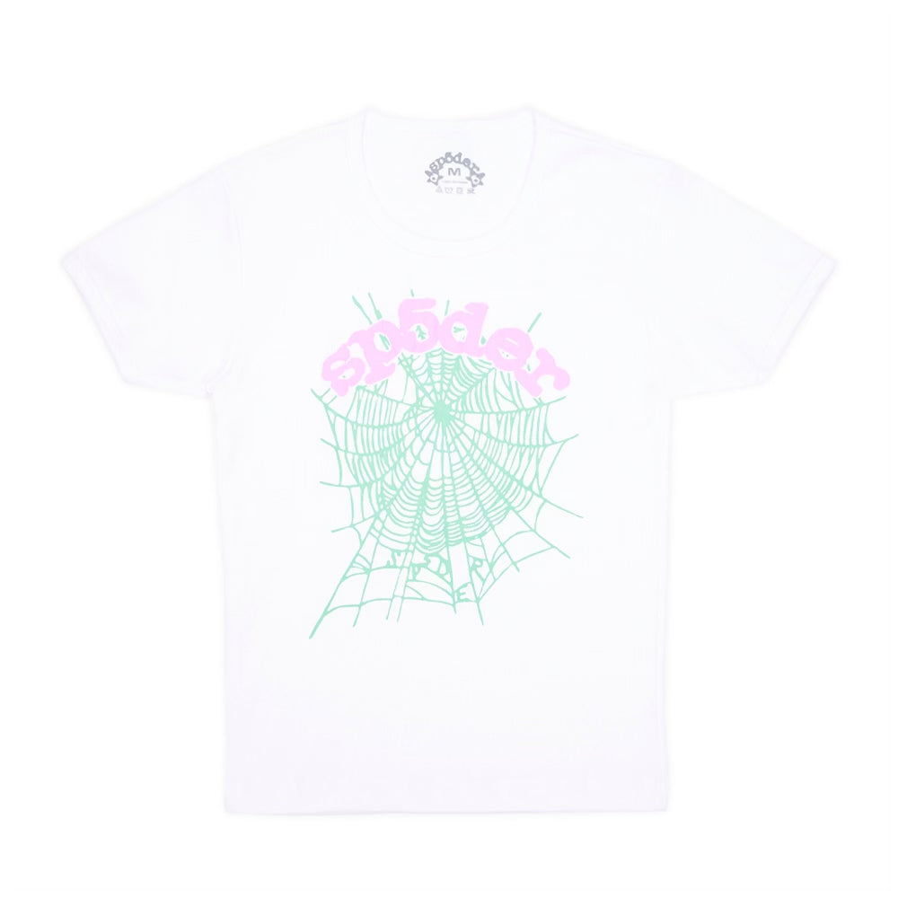 White cotton cropped tee with a mint green spiderweb and pink "spider" graphic.