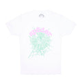 White cotton cropped tee with a mint green spiderweb and pink "spider" graphic.