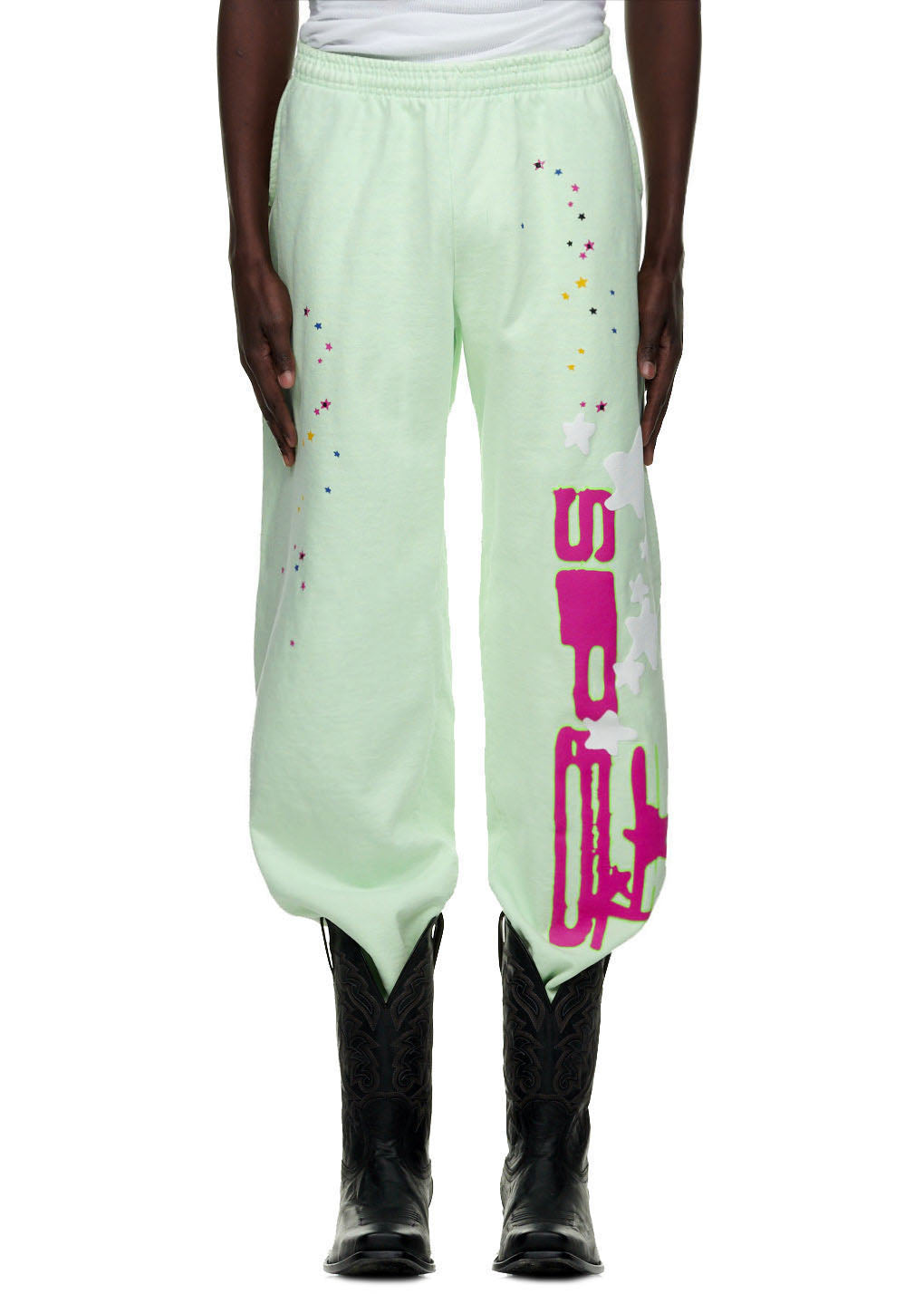 SP5 Mint Sweatpants with pink SP5 text, white stars, and colorful puff print stars.