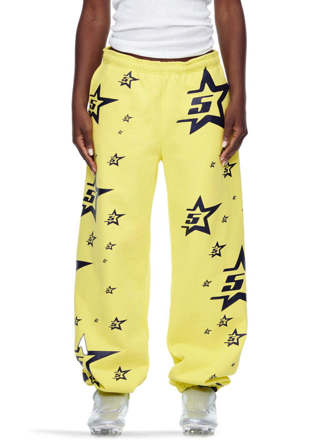 Yellow 5STAR SWEATPANT with all-over black star and "5" logo print, made from 23oz fleece.
