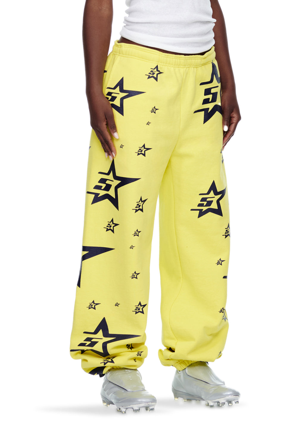 Yellow 5STAR SWEATPANT with all-over black star print, made from 23oz fleece.