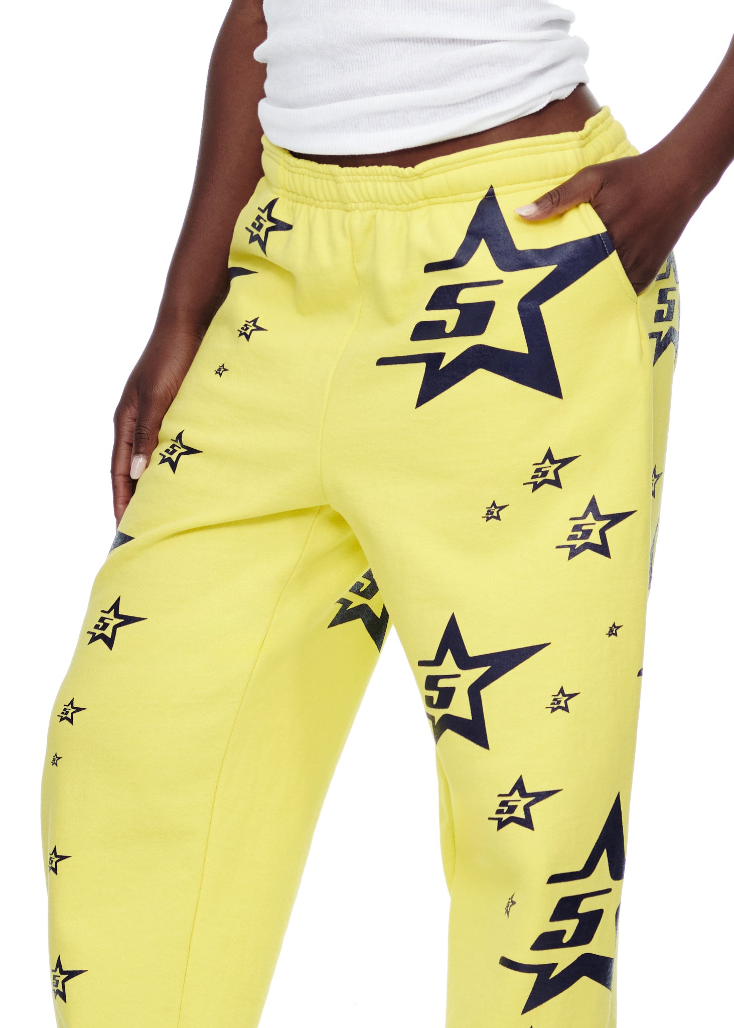 Yellow 5STAR SWEATPANT with all-over navy star and "5" logo print, made from 23oz fleece.