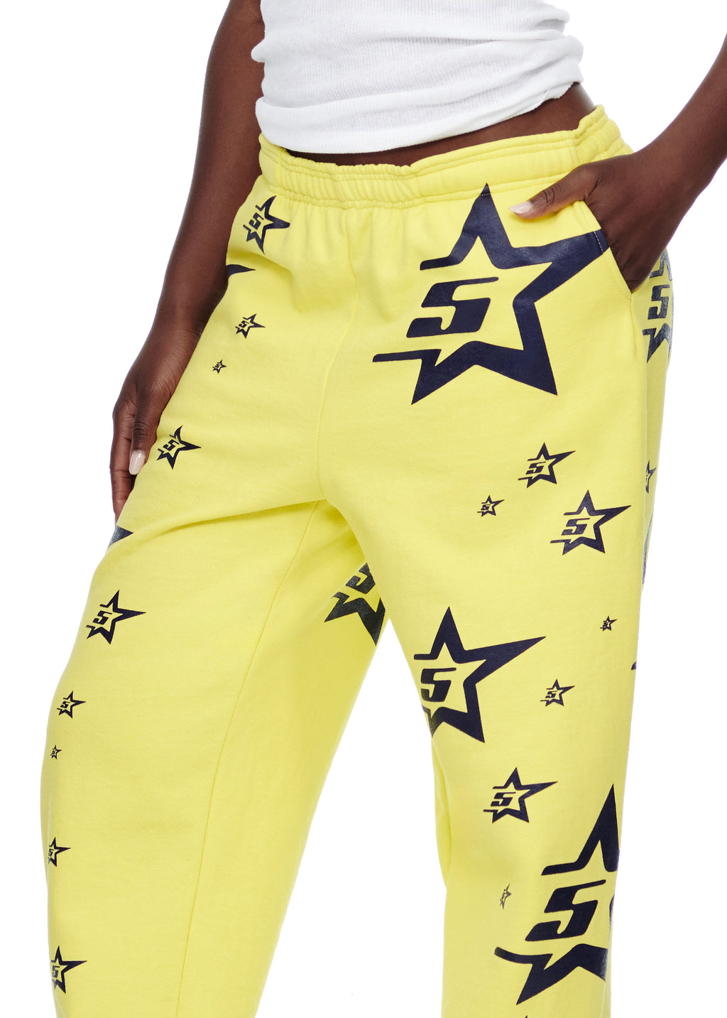 Yellow 5STAR SWEATPANT with all-over navy star and "5" logo print, made from 23oz fleece.